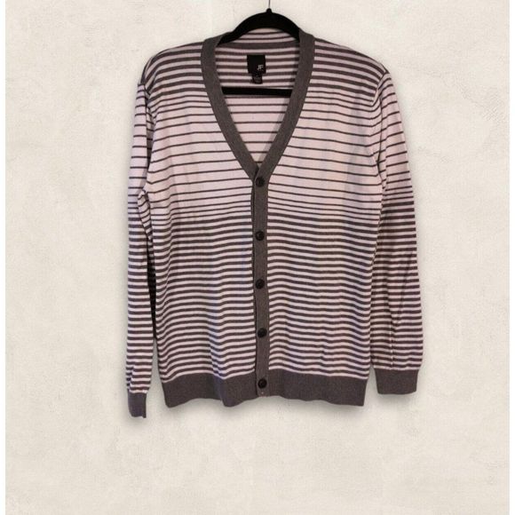 J.F J.Ferrar men’s Cardigan Sweater Gray White Stripe Long Sleeve Cotton M - Picture 1 of 8